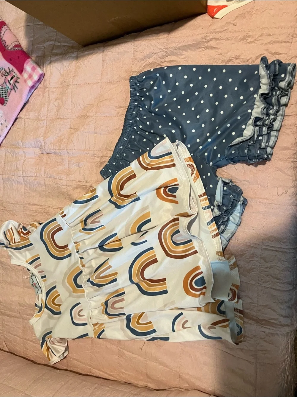 Girls White Rainbow Top & Blue Polka Dot Shorts Matching Set